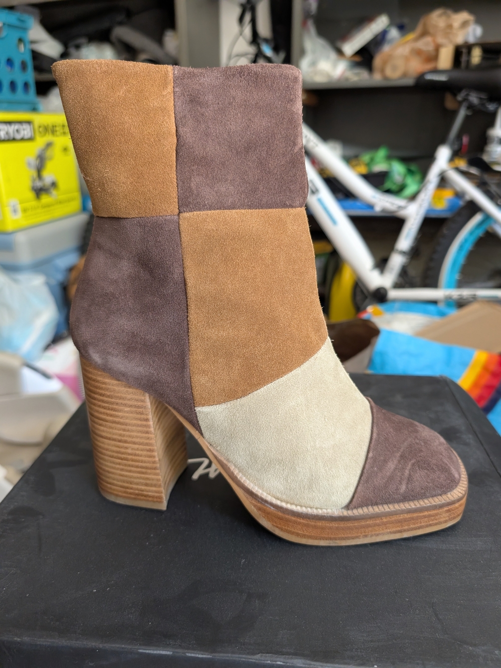 NWT Women's Genuine Suede Patchwork Ankle Boot - Brown/Tan/Cream (Nasty Gal)